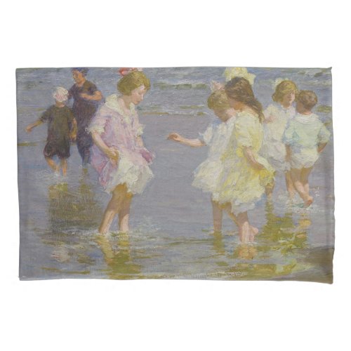 Children Wading on the Beach by EH Potthast Pillow Case