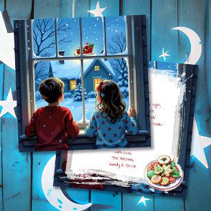Children Watching Santa's Sleigh Christmas Holiday Card