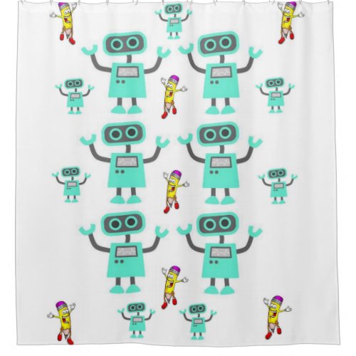 Children white showercurtain Robots Shower Curtain