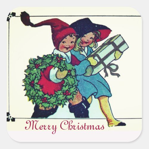 CHILDREN WITH CHRISTMAS GIFTS AND HOLLYBERRY CROWN SQUARE STICKER