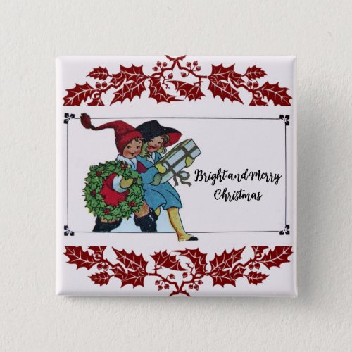 CHILDREN WITH CHRISTMAS GIFTS AND RED FLORAL BUTTON