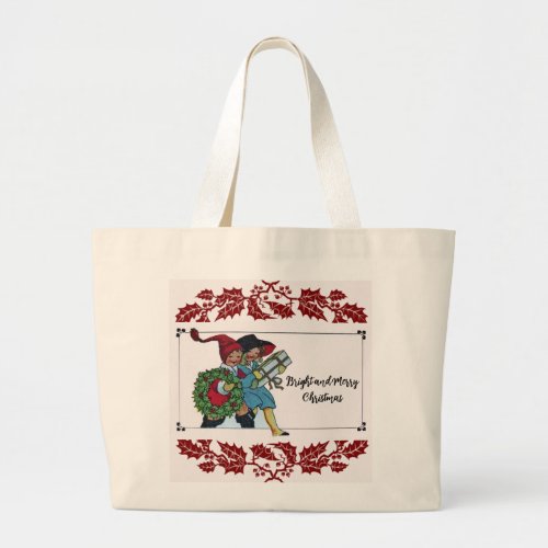 CHILDREN WITH CHRISTMAS GIFTS AND RED FLORAL LARGE TOTE BAG