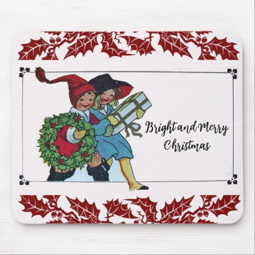 CHILDREN WITH CHRISTMAS GIFTS AND RED FLORAL MOUSE PAD