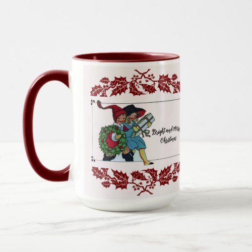 CHILDREN WITH CHRISTMAS GIFTS AND RED FLORAL MUG