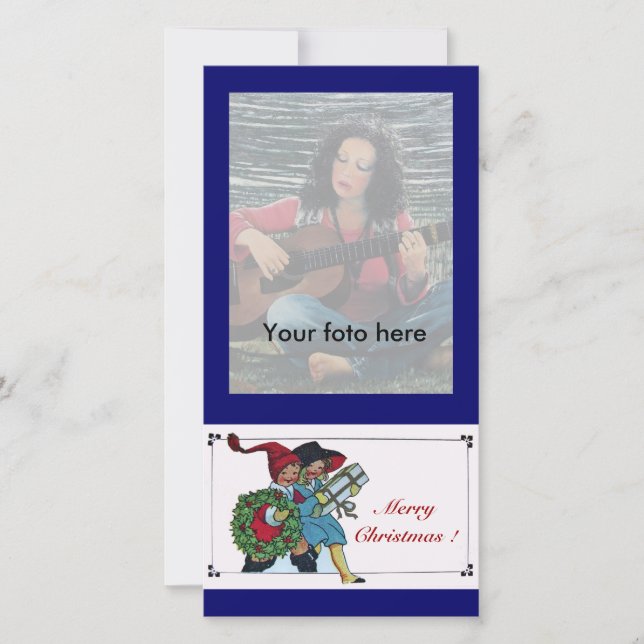 CHILDREN WITH CHRISTMAS GIFTS ,blue Holiday Card (Front)