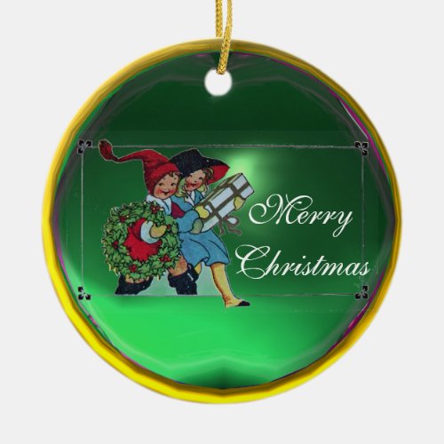 CHILDREN WITH CHRISTMAS GIFTS CERAMIC ORNAMENT