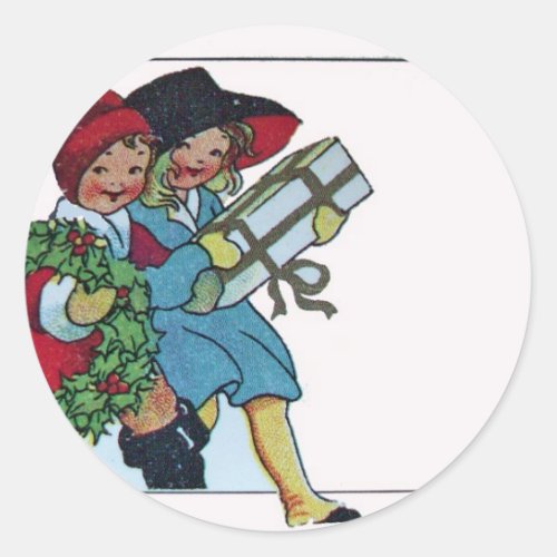 CHILDREN WITH CHRISTMAS GIFTS CLASSIC ROUND STICKER