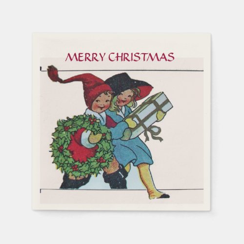 CHILDREN WITH CHRISTMAS GIFTS NAPKINS