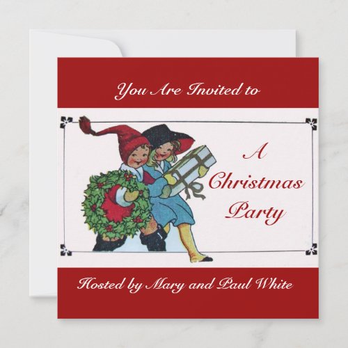 CHILDREN WITH CHRISTMAS GIFTS white red Invitation