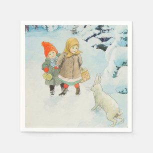 Children with hare in wintertime - Christmas Napkins