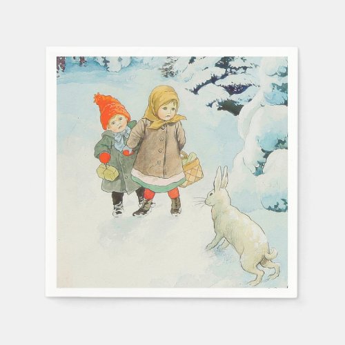 Children with hare in wintertime _ Christmas Napkins