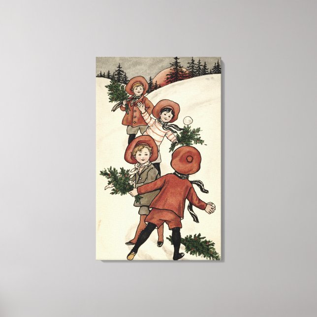 Children with Holly Throwing Snowballs Canvas Print (Front)