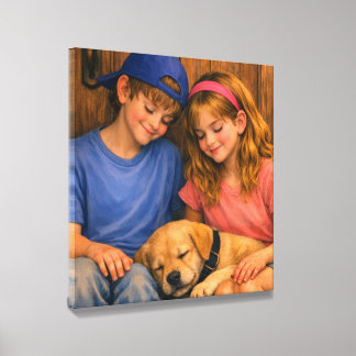 Children with Puppy – Comfort Wall Art Canvas Photo Tile