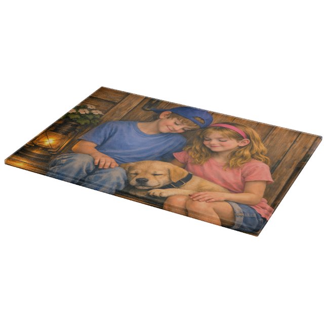 Children with Sleeping Puppy Glass Cutting Board (Corner)
