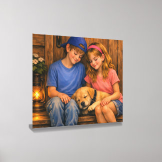 Children with Sleeping Puppy Peel‑and‑Stick Canvas Photo Tile