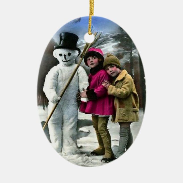 CHILDREN WITH SNOWMAN CERAMIC ORNAMENT (Front)