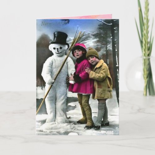 Children With Snowman Holiday Card