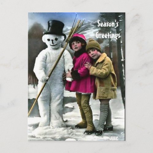 CHILDREN WITH SNOWMAN POSTCARD