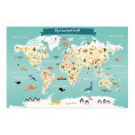 Children World Map with Animals and Landmarks Poster Children World Map with Animals and Landmarks Poster