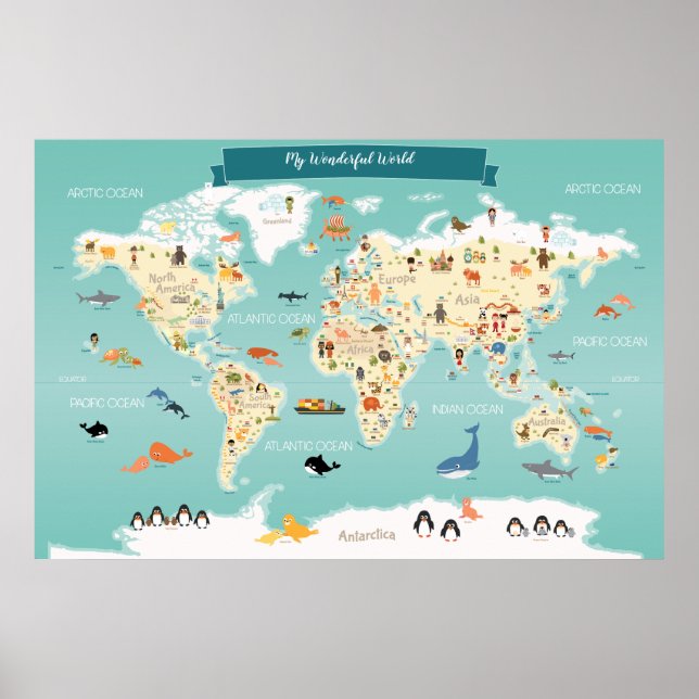 Children World Map with Animals and Landmarks Poster (Front)