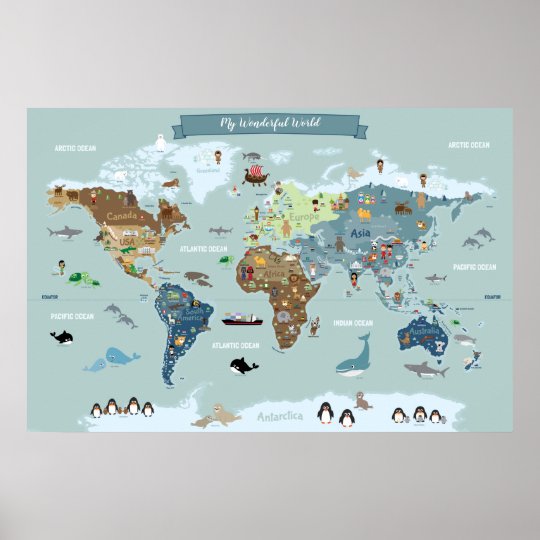 children world map with cute illustrations poster zazzlecom