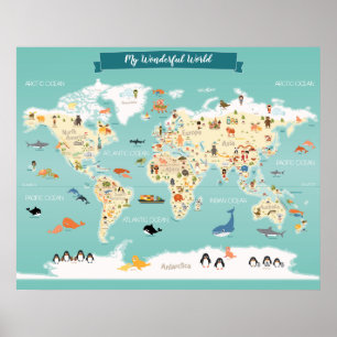 Children World Map with Illustrations Poster