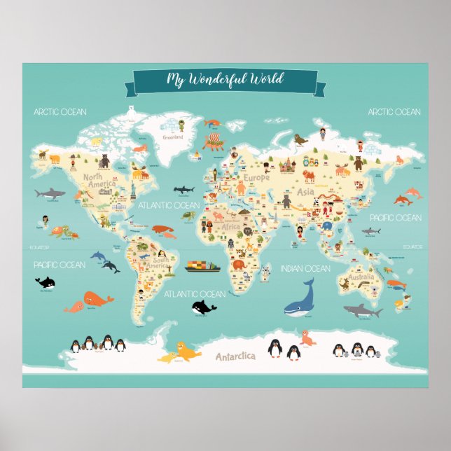 Children World Map with Illustrations Poster (Front)
