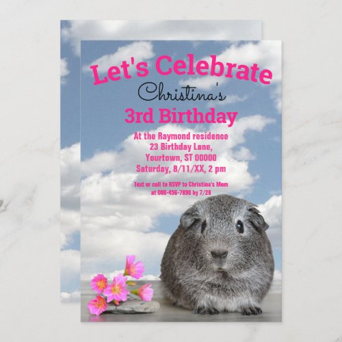 Childrens 3rd Birthday Party Guinea Pig Flowers Invitation