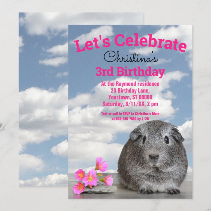 Children's 3rd Birthday Party Guinea Pig Flowers Invitation | Zazzle