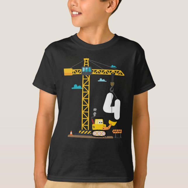 Children's 4th Birthday Guys With Crane And T-Shirt (Front)