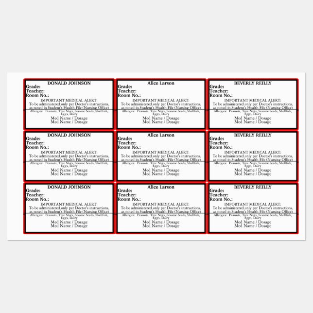 Children's Allergy Medical Medicine Alert School Kids' Labels (Sheet)