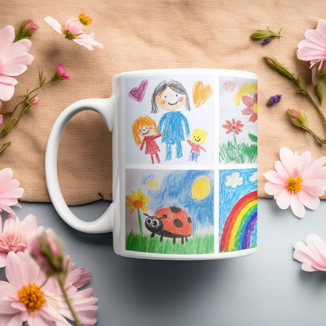 Children's Art Keepsake 4 Drawings Collage Coffee Mug (Start your day with a sip of creativity! Showcasing a vibrant collage of your child’s drawings!)