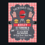 Children's BBQ Birthday Invitation<br><div class="desc">Looking for a part chalkboard birthday invitation for a child's birthday party? This template might be what you need. All the text is editable making it a very flexible template. The front of the invitation features a scanned chalkboard frame, a black sash and a red plaid pattern. Suitable for a...</div>