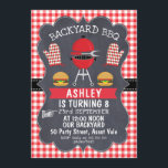 Children's BBQ Birthday Invitation<br><div class="desc">Looking for a part chalkboard birthday invitation for a child's birthday party? This template might be what you need. All the text is editable making it a very flexible template. The front of the invitation features a scanned chalkboard frame, a black sash and a red plaid pattern. Suitable for a...</div>