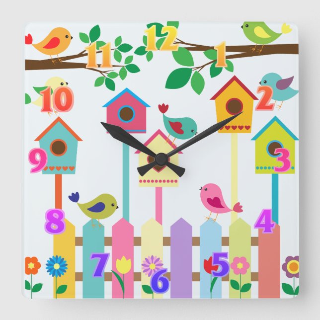 Childrens Birds Birdhouse Scenery Square Wall Clock (Front)