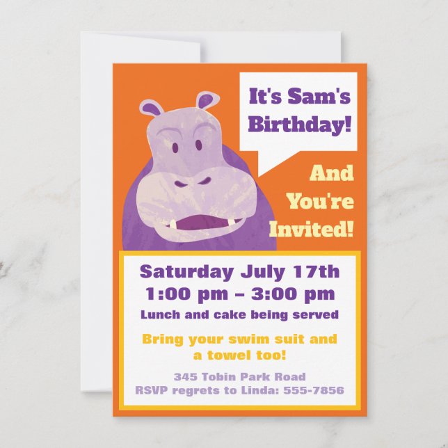 Children's Birthday Invitation, Happy Hippo Art Invitation (Front)