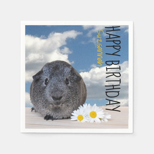 Children's Birthday Party Daisies Gray Guinea Pig Napkins (Front)