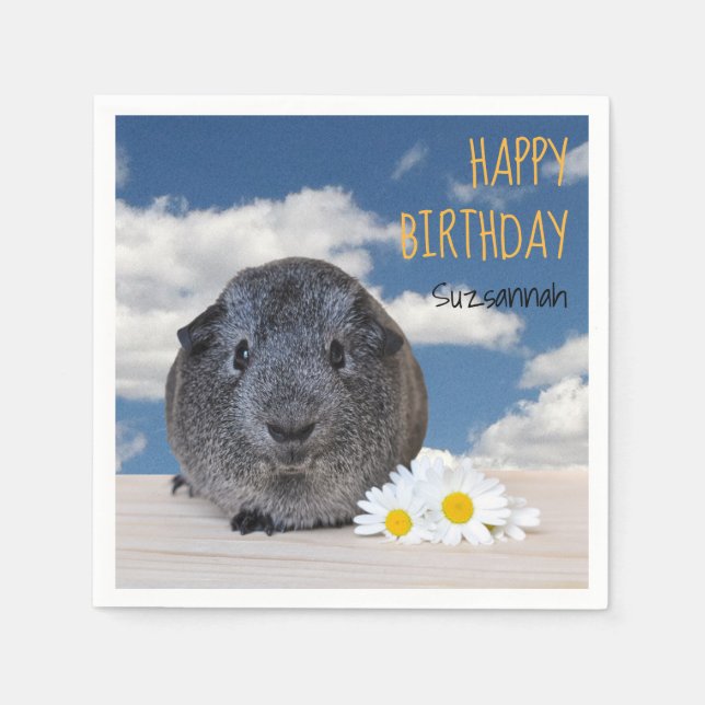 Children's Birthday Party Daisies Gray Guinea Pig Napkins (Front)