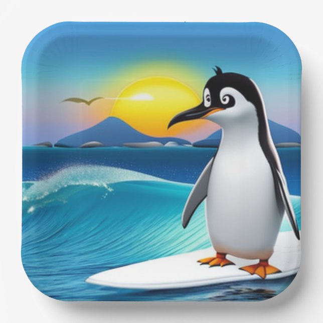 Childrens Birthday Party Penguin Surfing  Paper Plates (Front)