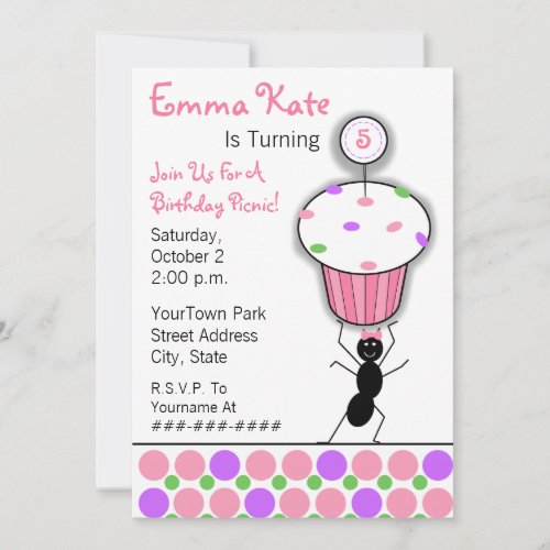 Childrens Birthday Picnic Party - Ant &amp; Cupcake Personalized Announcement