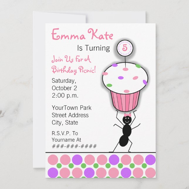 Childrens Birthday Picnic Party - Ant & Cupcake Invitation (Front)