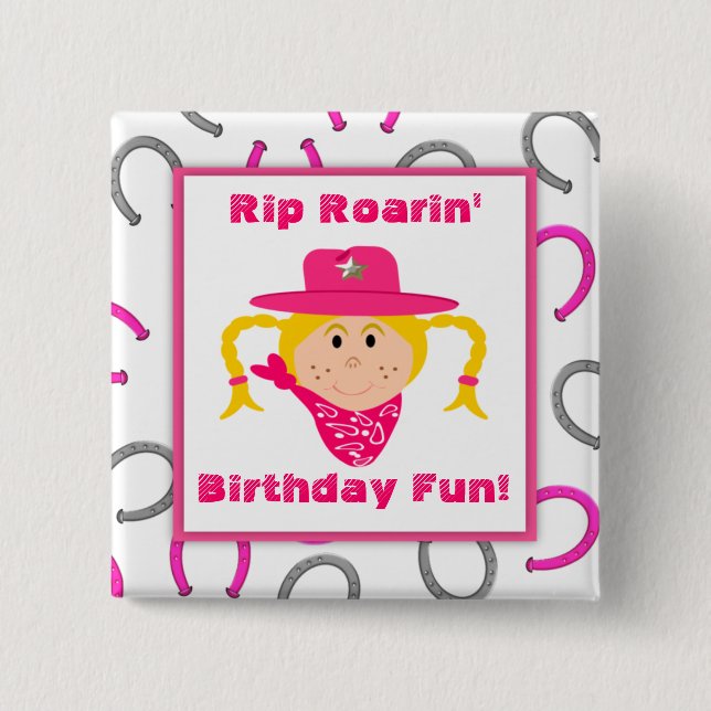 Children's Blonde Cowgirl Horseshoes Party Favor Button (Front)