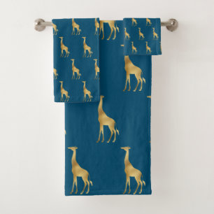 CHILDRENS BLUE GOLD GIRAFFE BATHROOM TOWEL SET