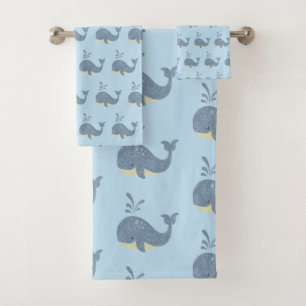 CHILDRENS BLUE WHALE BLACK BATHROOM TOWEL SET