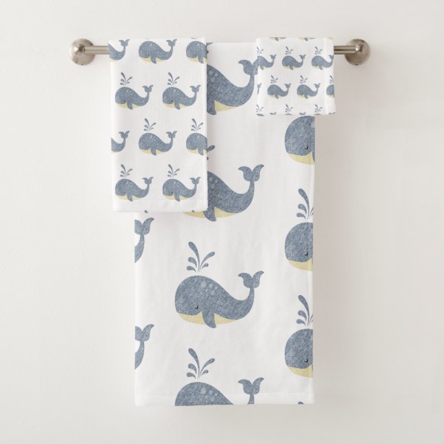 CHILDRENS BLUE WHITE  WHALE BATHROOM TOWEL SET (Insitu)