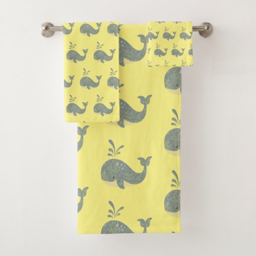 CHILDRENS BLUE YELLOW  WHALE BATHROOM TOWEL SET