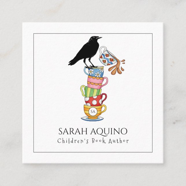 Children's Books Author Whimsical Crow & Tea Cups Square Business Card (Front)