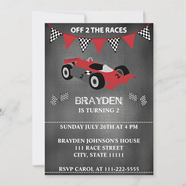 Children's Chalkboard Race Car 2 Year Birthday Invitation (Front)