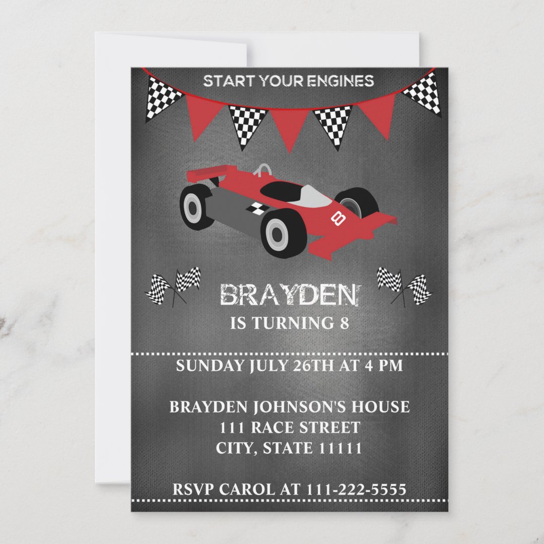 Children's Chalkboard Race Car Birthday Invitation Zazzle