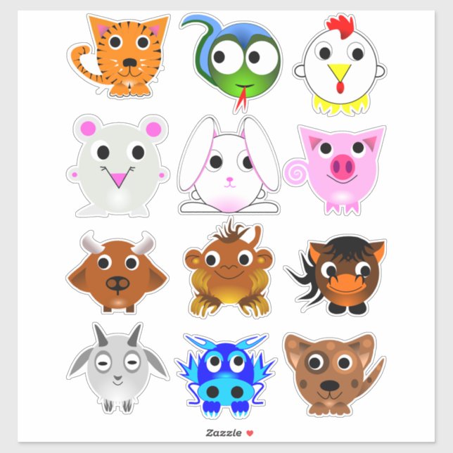 Childrens Chinese Zodiac Signs cartoon Animals Sticker (Sheet)
